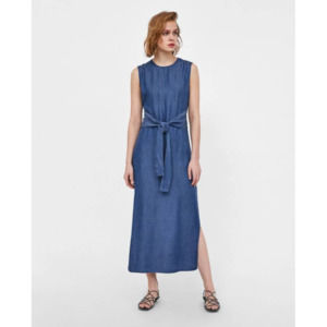 Zara Chambray Maxi Dress Sleeveless Side Slits Crew Neck Tie Waist Smocked Sz S